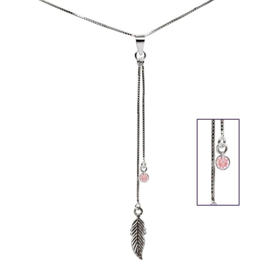 Joyas De Plata DistribuidoraDeJoyas.cl Collares Con Circon | Collar Pluma Colgante Circon Rosa