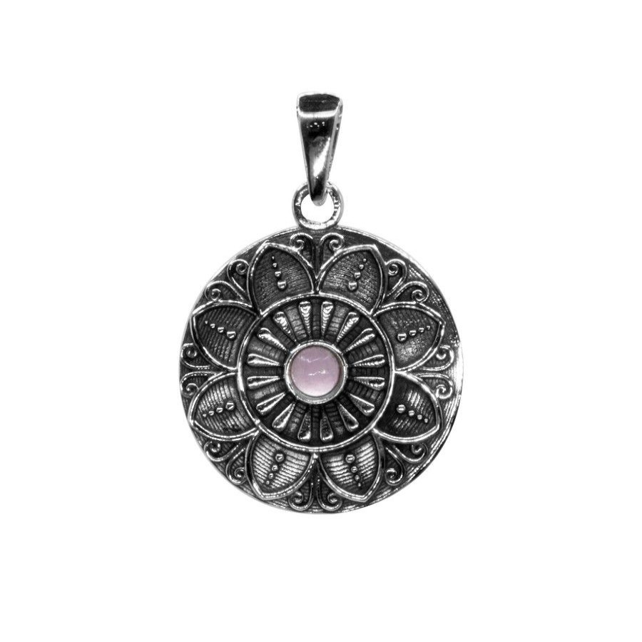 Joyas De Plata BLACK Colgante Piedra Natural | Colgante De Plata 925 Flor De Loto Con Piedra De Cuarzo Rosa