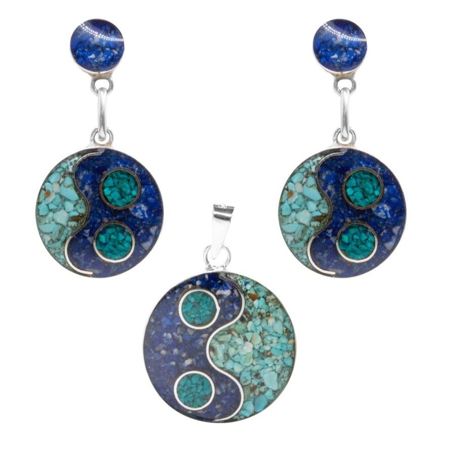 Joyas De Plata BLACK | Conjunto De Plata 950 Mosaico Nacional Con Verdes Y Azules