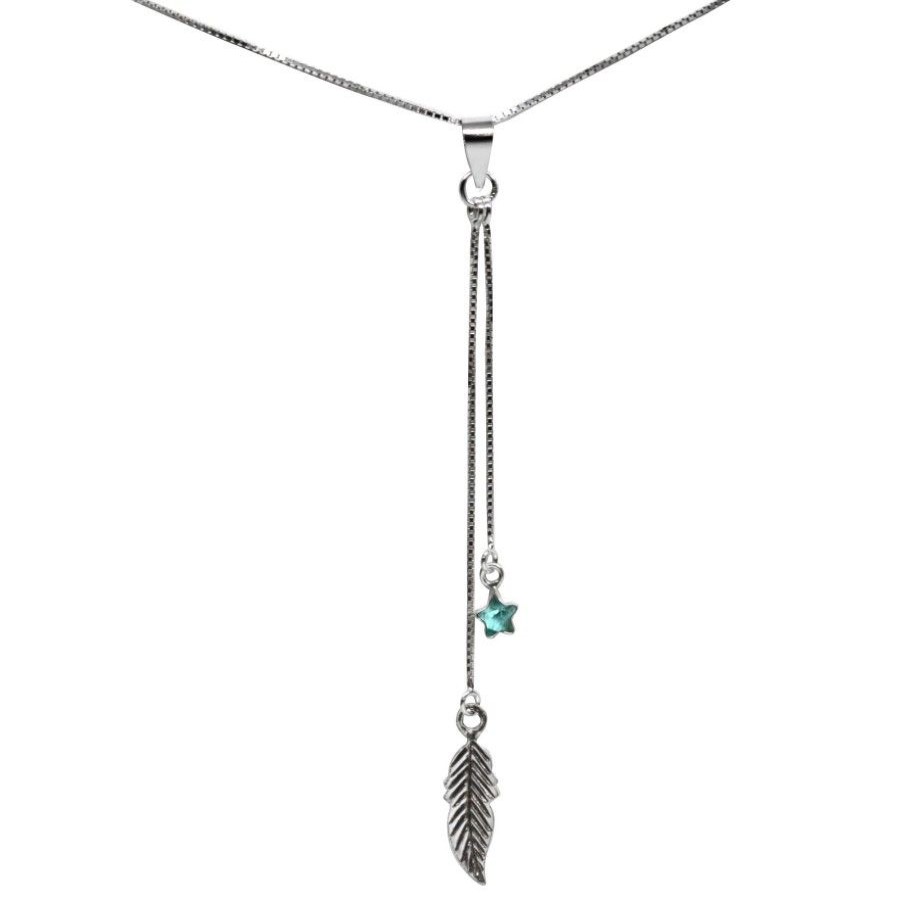 Joyas De Plata BLACK Collares Con Circon | Collar Pluma Y Estrella Circon Verde Agua