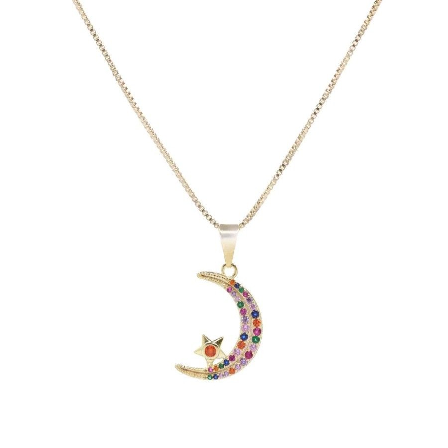 Joyas Enchapadas Marca DJOYAS | Collar Enchapado En Oro Luna Creciente Con Circones De Colores