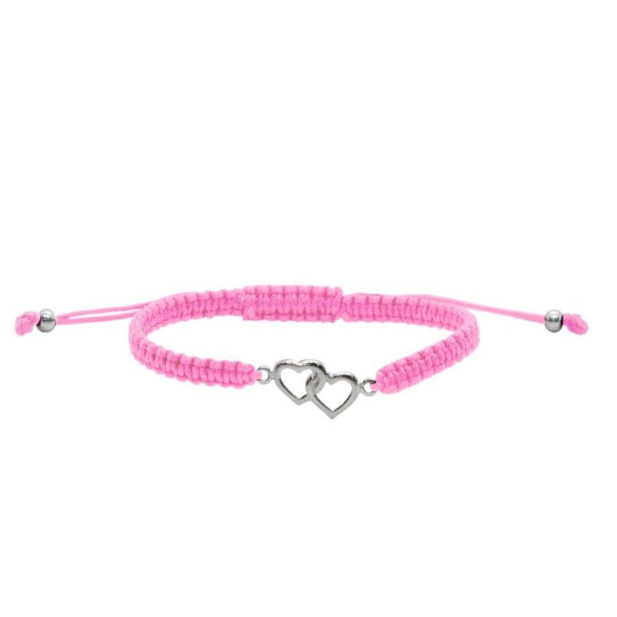 Joyas De Plata Marca DJOYAS Pulsera Macrame Hilo | Pulsera De Plata 925 Macrame Rosa Dos Corazones