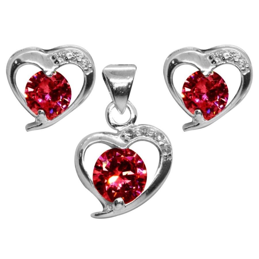 Joyas De Plata Marca DJOYAS | Conjunto De Plata 925 Corazones Circon Rojo