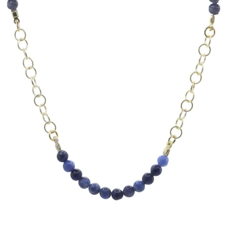 Joyas Enchapadas Marca DJOYAS | Collar Enchapado En Oro Lapislazuli Con Eslabones Redondos