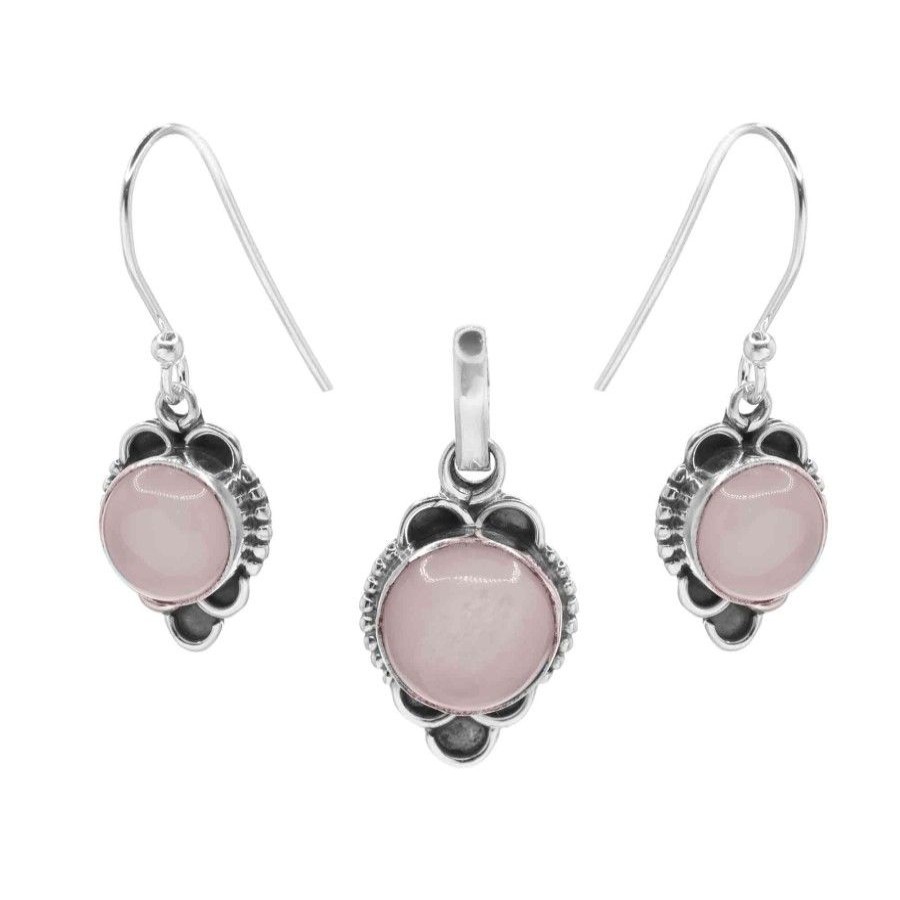 Joyas De Plata Piedras Naturales | Conjunto De Plata 925 Modelo Caliz Con Piedra De Cuarzo Rosa