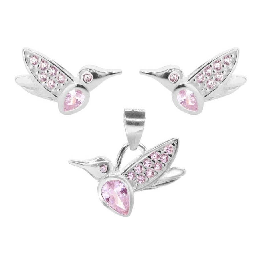 Joyas De Plata Navidad | Conjunto De Plata 925 Serie Colibries Con Circones Rosa