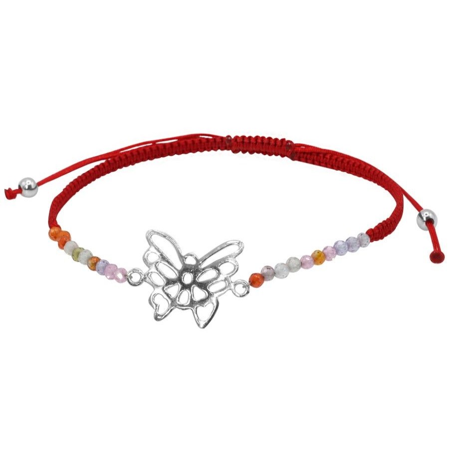 Joyas De Plata Marca DJOYAS Pulsera Macrame Hilo | Pulsera De Plata 925 Macrame Roja Con Agatas Y Mariposa