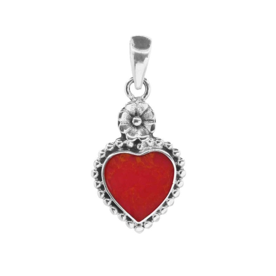 Joyas De Plata Marca DJOYAS Colgantes Lapidado | Colgante De Plata 925 Corazon Con Flor Y Coral