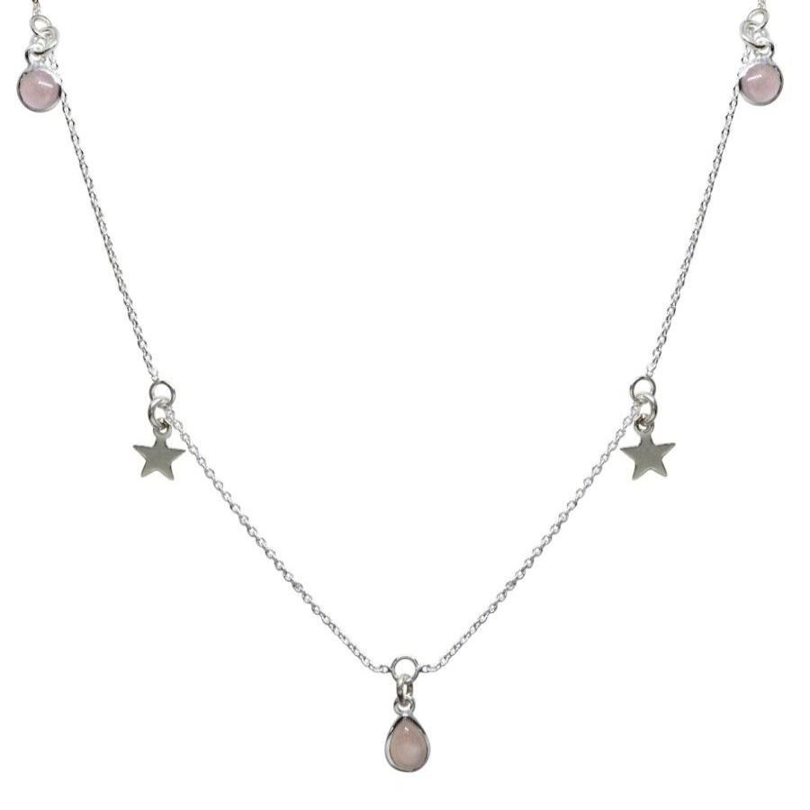 Joyas De Plata BLACK Collares De Piedra | Collar Con Piedra Cuarzo Rosa Y 2 Estrellas