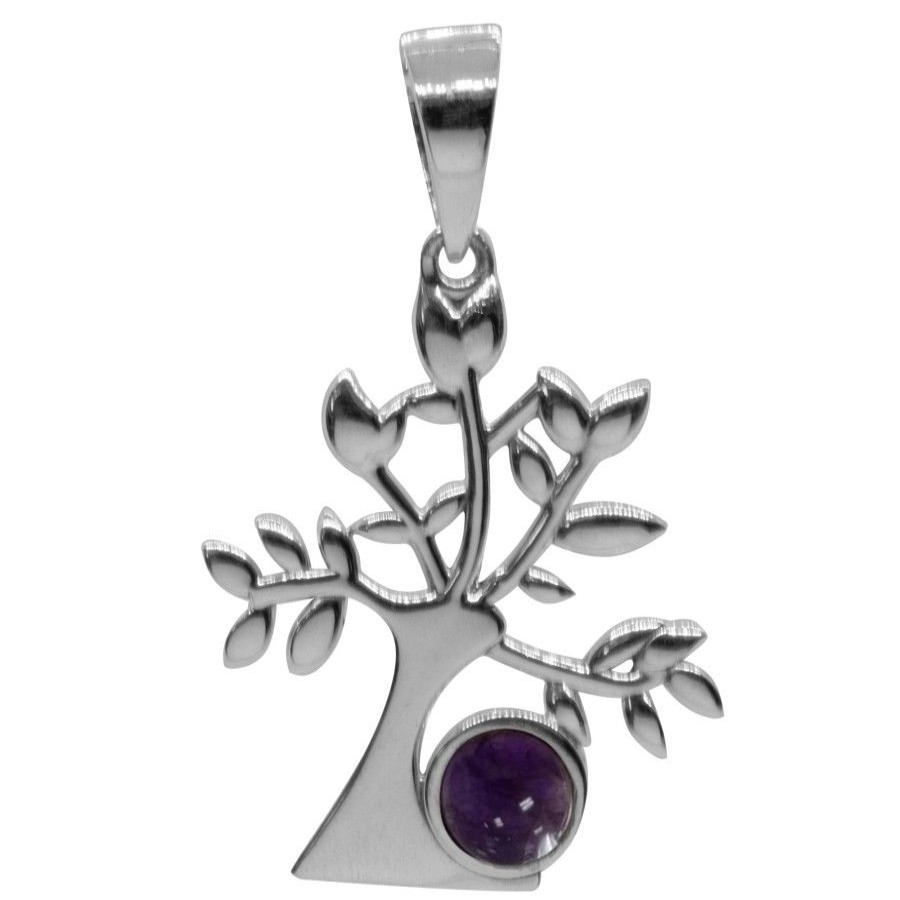 Joyas De Plata BLACK Colgante Piedra Natural | Colgante Arbol Con Piedra Amatista