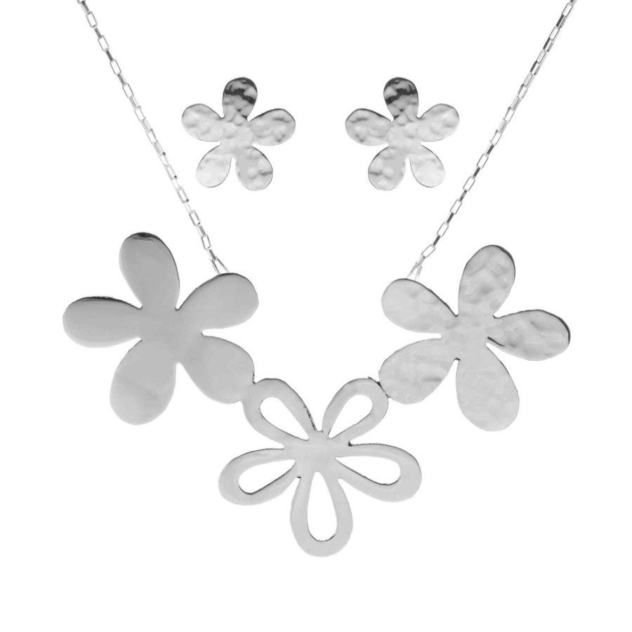 Joyas De Plata Marca DJOYAS | Conjunto De Plata 925 Flores Martilladas