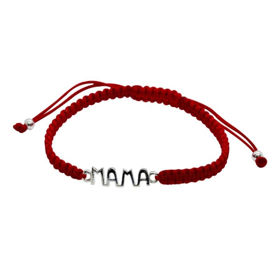 Joyas De Plata Marca DJOYAS Pulsera Macrame Hilo | Pulsera De Plata 925 "Mama" Macrame Roja