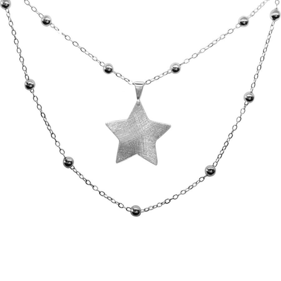 Joyas Enchapadas Marca DJOYAS | Collar Enchapado En Plata Doble Cadena Con Estrella Satinada