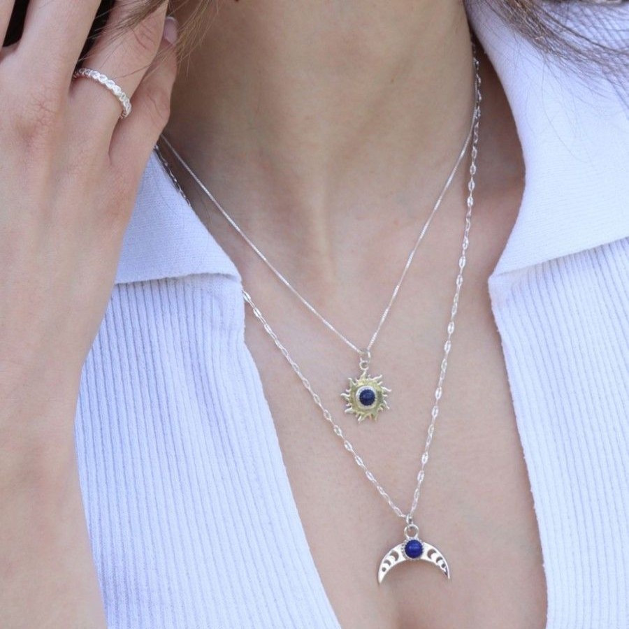 Joyas De Plata Marca DJOYAS Colgantes Lapidado | Colgante De Plata 925 Media Luna Con Lapislazuli