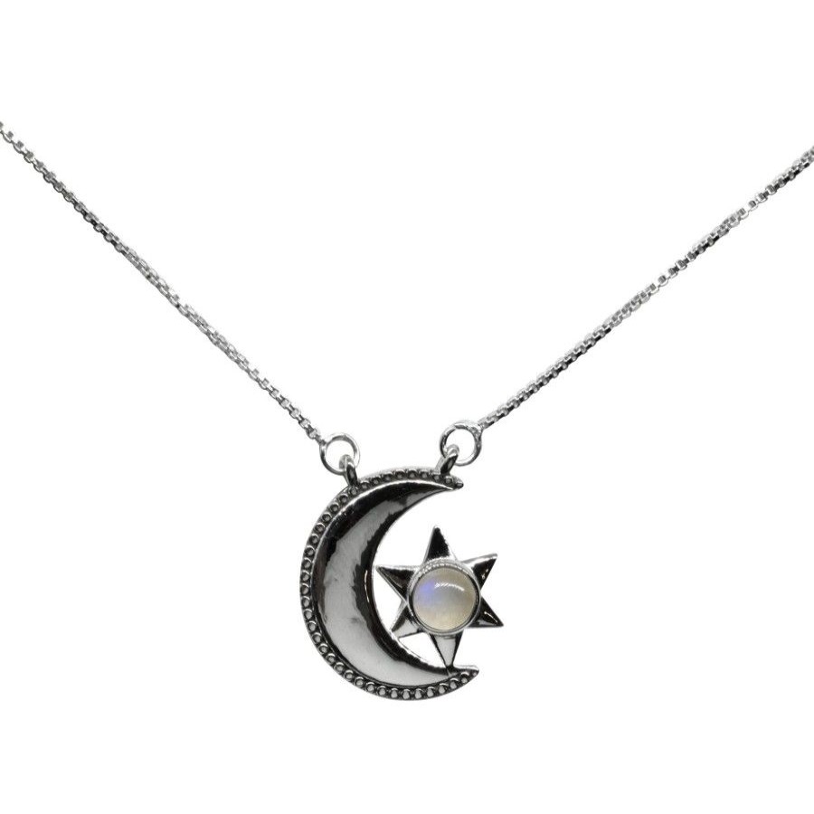 Joyas De Plata BLACK Collares De Piedra | Collar De Plata 925 Luna Y Estrella Con Piedra Luna