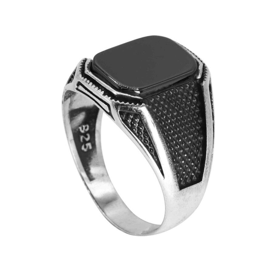 Joyas De Plata Marca DJOYAS Anillos Hombres | Anillo De Plata 925 Grueso Onix Laterales Oxidado