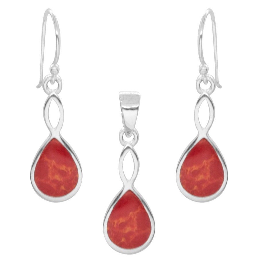 Joyas De Plata DistribuidoraDeJoyas.cl | Conjunto Lagrimas Con Piedra Coral