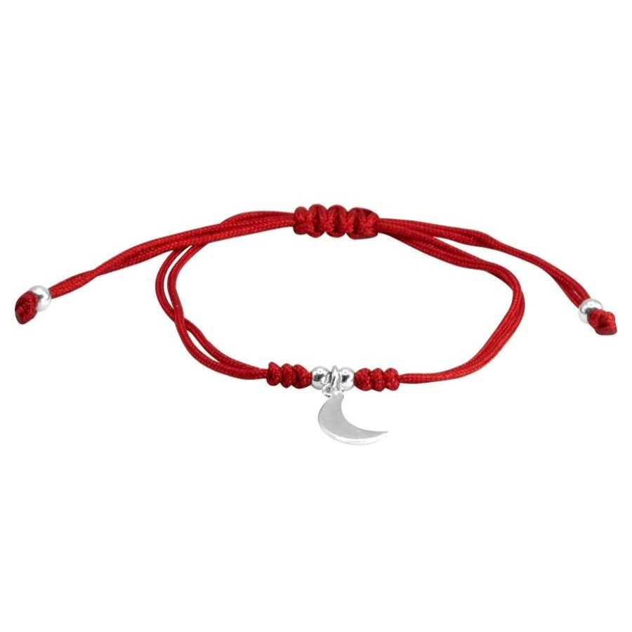 Joyas De Plata Marca DJOYAS Pulsera Macrame Hilo | Pulsera De Plata 925 Hilo Rojo Con Luna