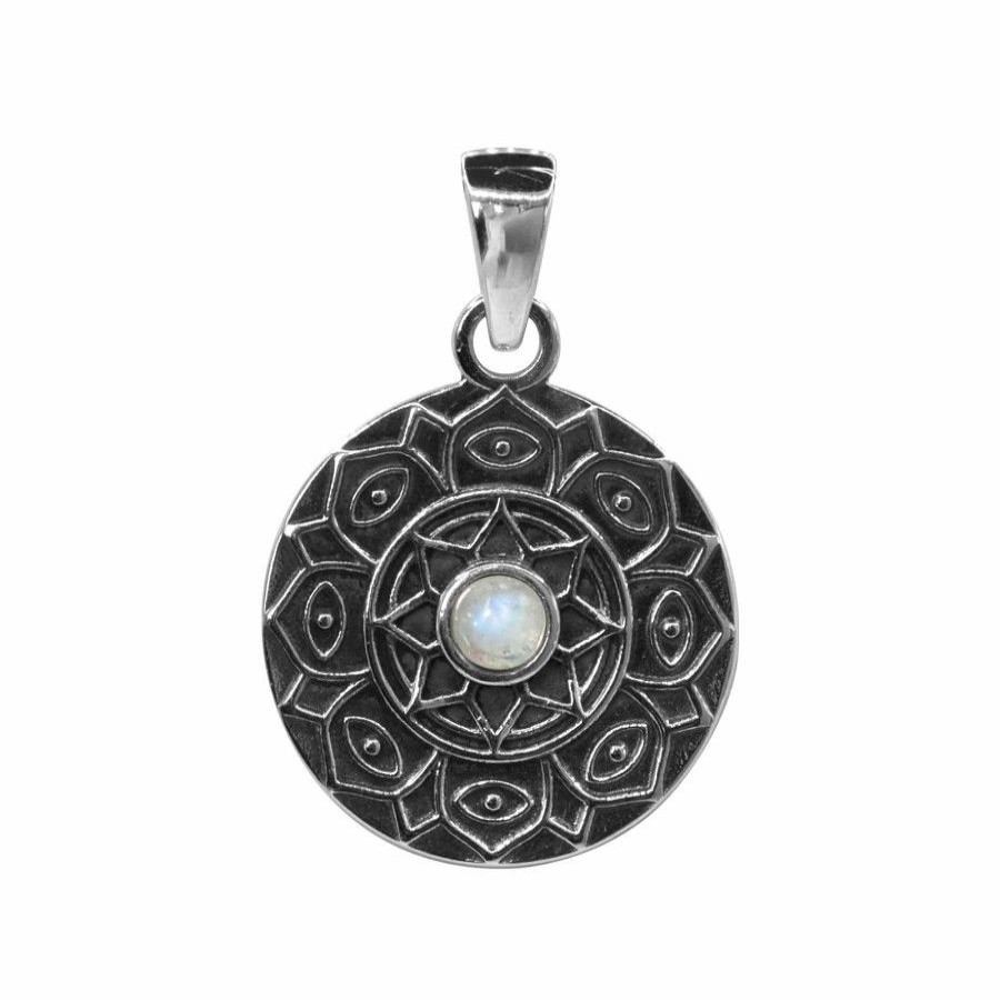 Joyas De Plata Marca DJOYAS Colgante Piedra Natural | Colgante De Plata 925 Medallita Flor De Loto Con Piedra Luna