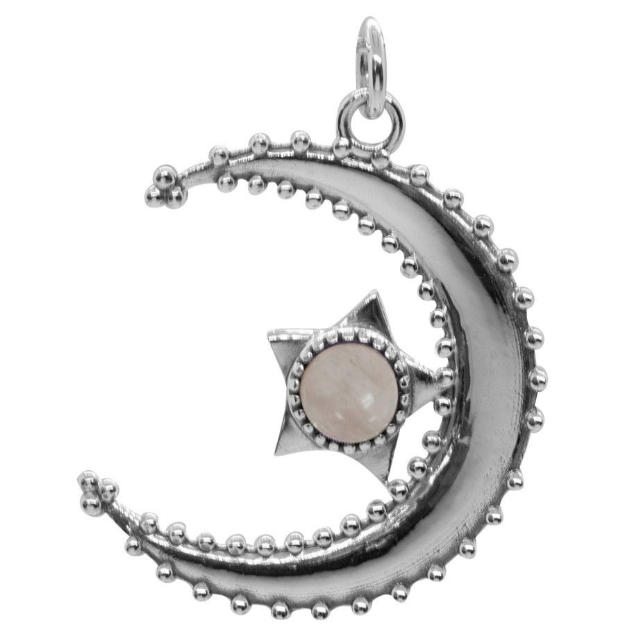 Joyas De Plata DistribuidoraDeJoyas.cl Colgante Piedra Natural | Colgante Luna Y Estrella Con Piedra Cuarzo Rosa