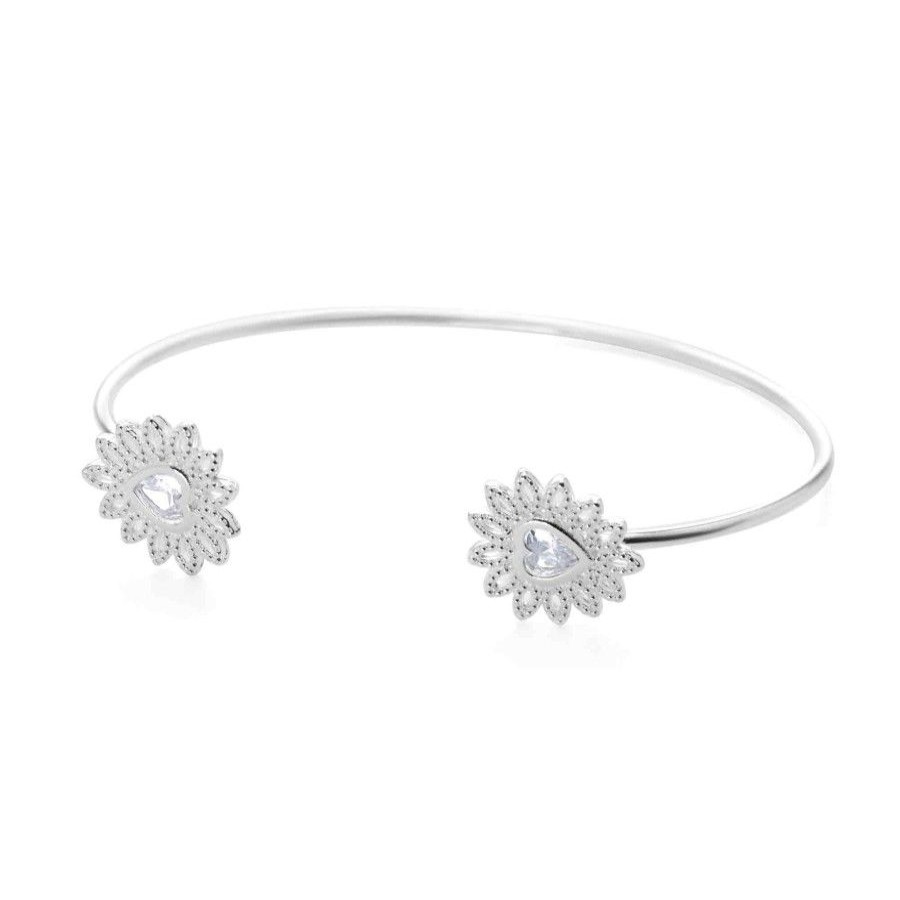 Joyas Enchapadas Navidad | Pulsera Enchapada En Plata Esclava Abierta Puntas Floreado Corazon Circon