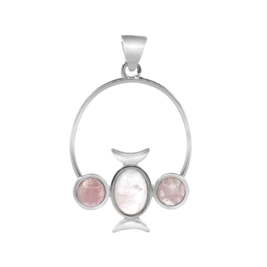 Joyas De Plata Piedras Naturales Colgante Piedra Natural | Colgante De Plata 925 Medallon Luna Con Cuarzo Rosa