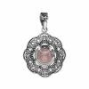 Joyas De Plata Piedras Naturales Colgante Piedra Natural | Colgante De Plata 925 Medalla Floreada Con Piedra De Cuarzo Rosa