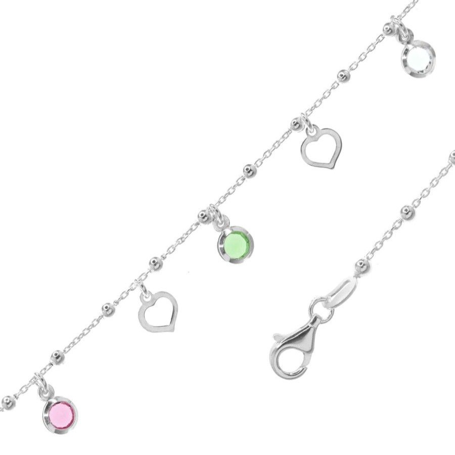 Joyas De Plata Marca DJOYAS Pulsera Con Circon | Pulsera De Plata 925 Figuras Corazon Con Circones De Color