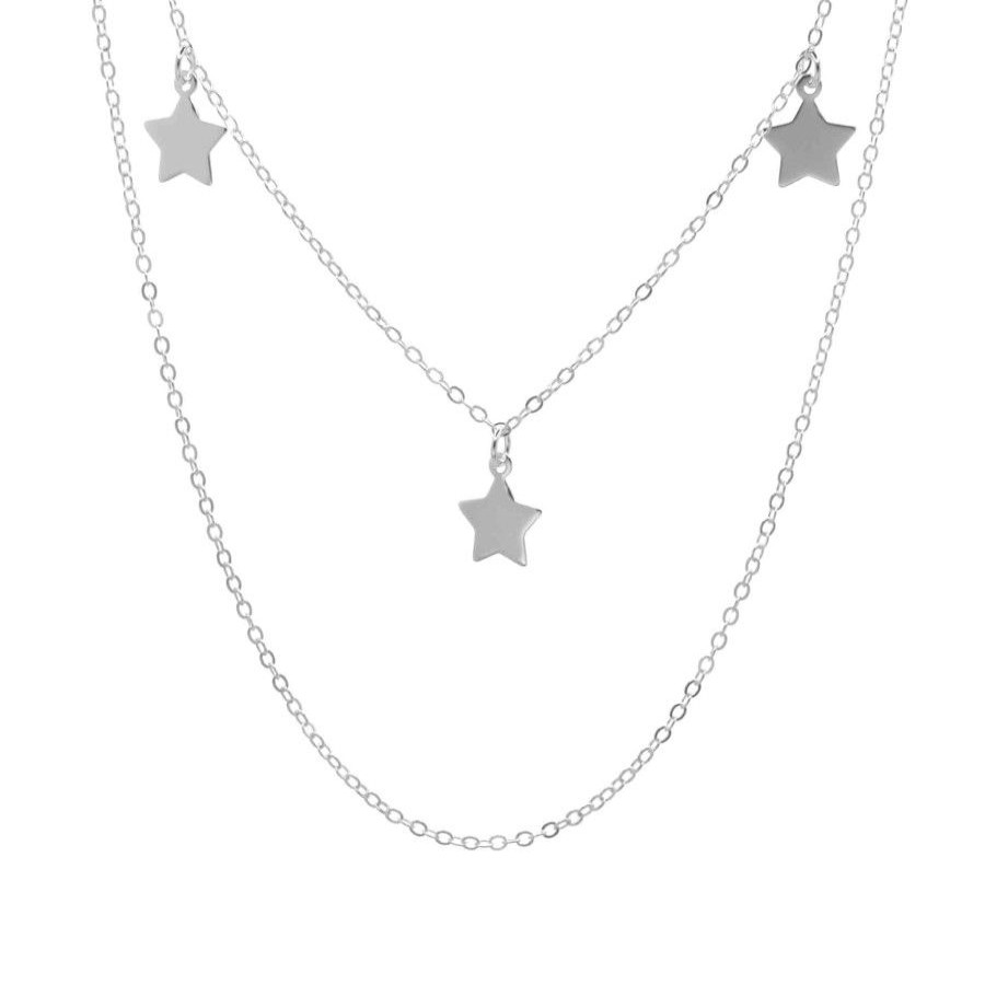 Joyas Enchapadas Marca DJOYAS | Collar Enchapado En Plata Doble Cadena Con Diseno De Estrellas