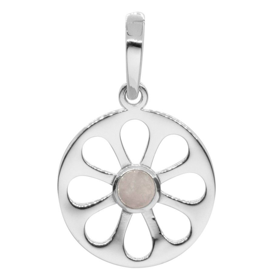 Joyas De Plata BLACK Colgante Piedra Natural | Colgante Flor De Placa Con Piedra Cuarzo Rosa