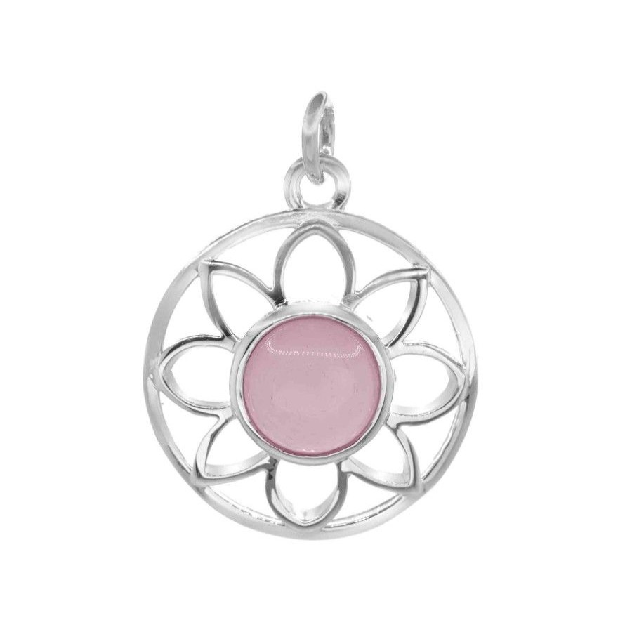 Joyas De Plata Marca DJOYAS Colgante Piedra Natural | Colgante De Plata 925 Figura Flor Con Piedra De Cuarzo Rosa