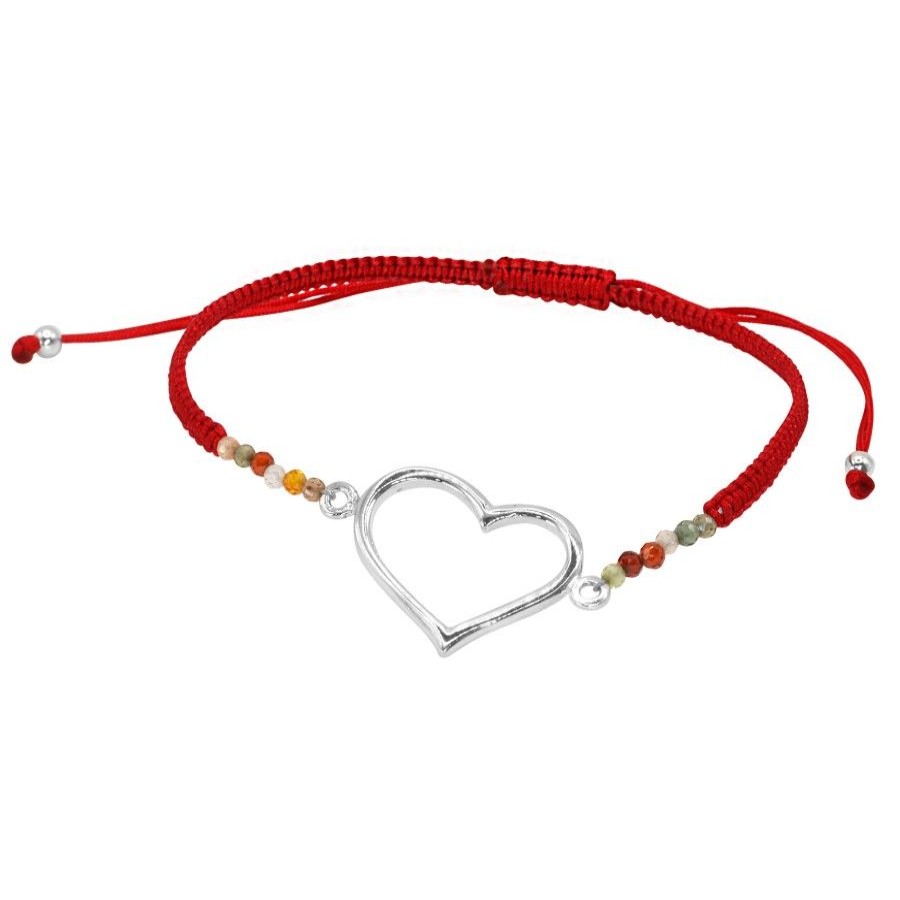 Joyas De Plata Marca DJOYAS Pulsera Macrame Hilo | Pulsera De Plata 925 Macrame Roja Con Agatas Y Corazon