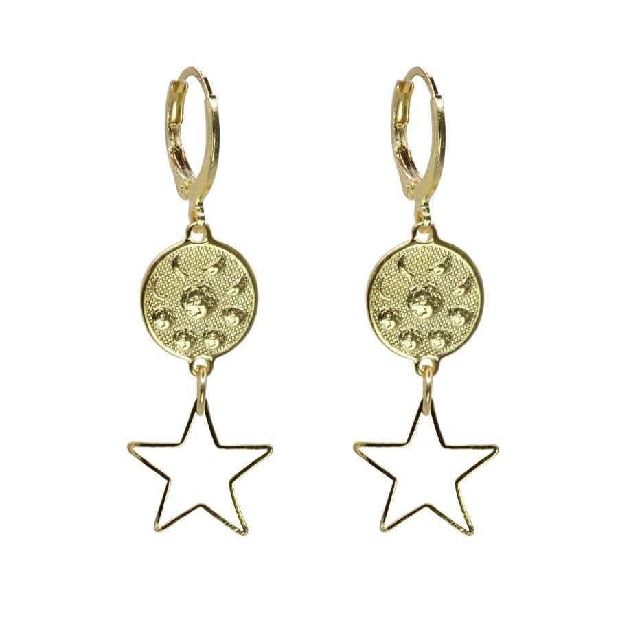 Joyas Enchapadas BLACK Enchapado En Oro | Aros Enchapados En Oro Placa Fases Lunares Con Estrellas