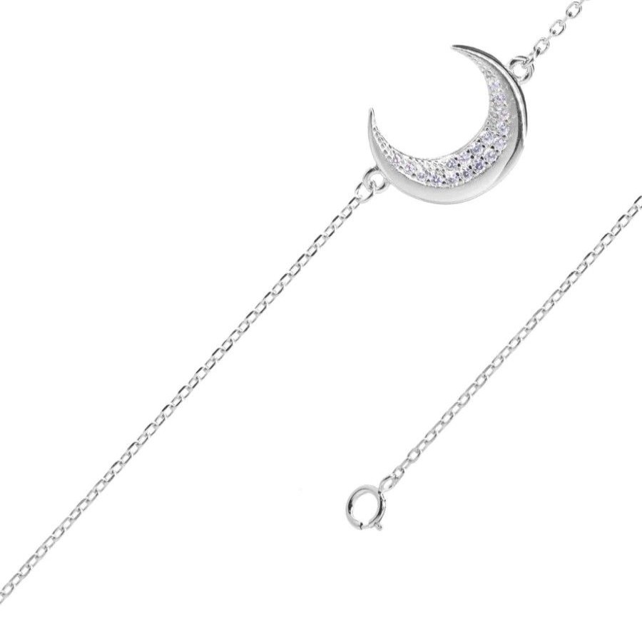 Joyas De Plata Marca DJOYAS Pulsera Con Circon | Pulsera De Plata 925 Luna Creciente Con Circones