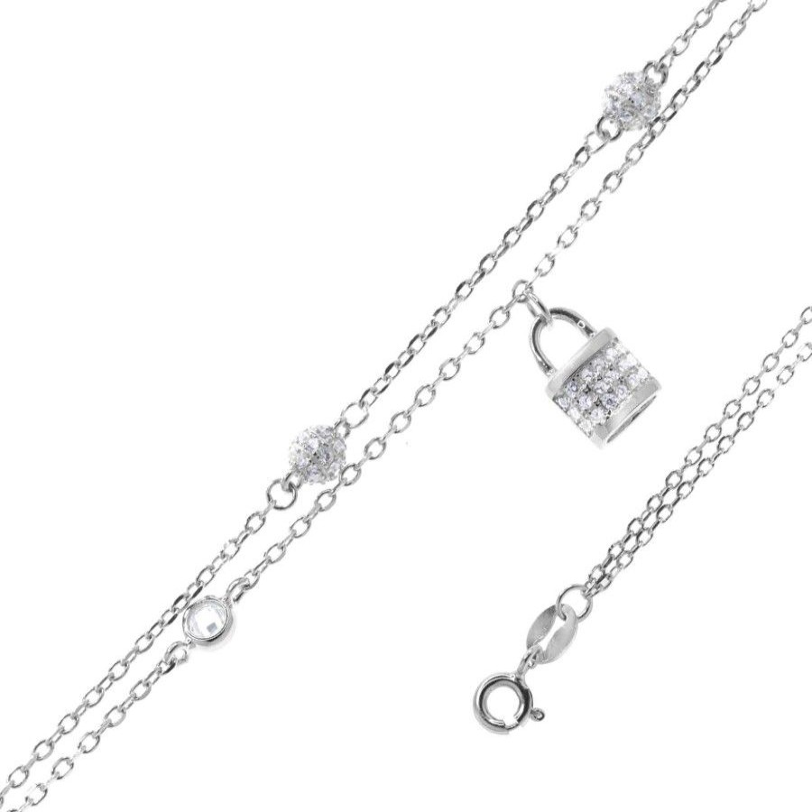 Joyas De Plata Marca DJOYAS Pulsera Con Circon | Pulsera De Plata 925 Candado Y Esferas De Circones Con Doble Cadena