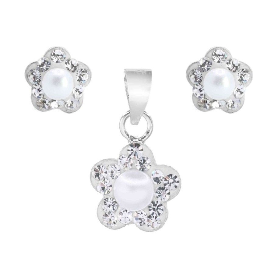 Joyas De Plata Marca DJOYAS | Conjunto De Plata 925 Flores Strass Con Perla De Imitacion