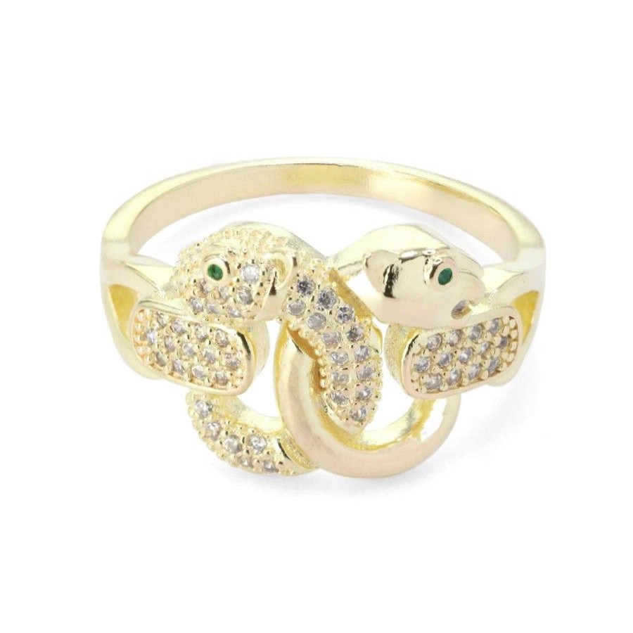 Joyas Enchapadas Marca DJOYAS | Anillo Enchapado En Oro Serpientes Cruzadas Con Circones