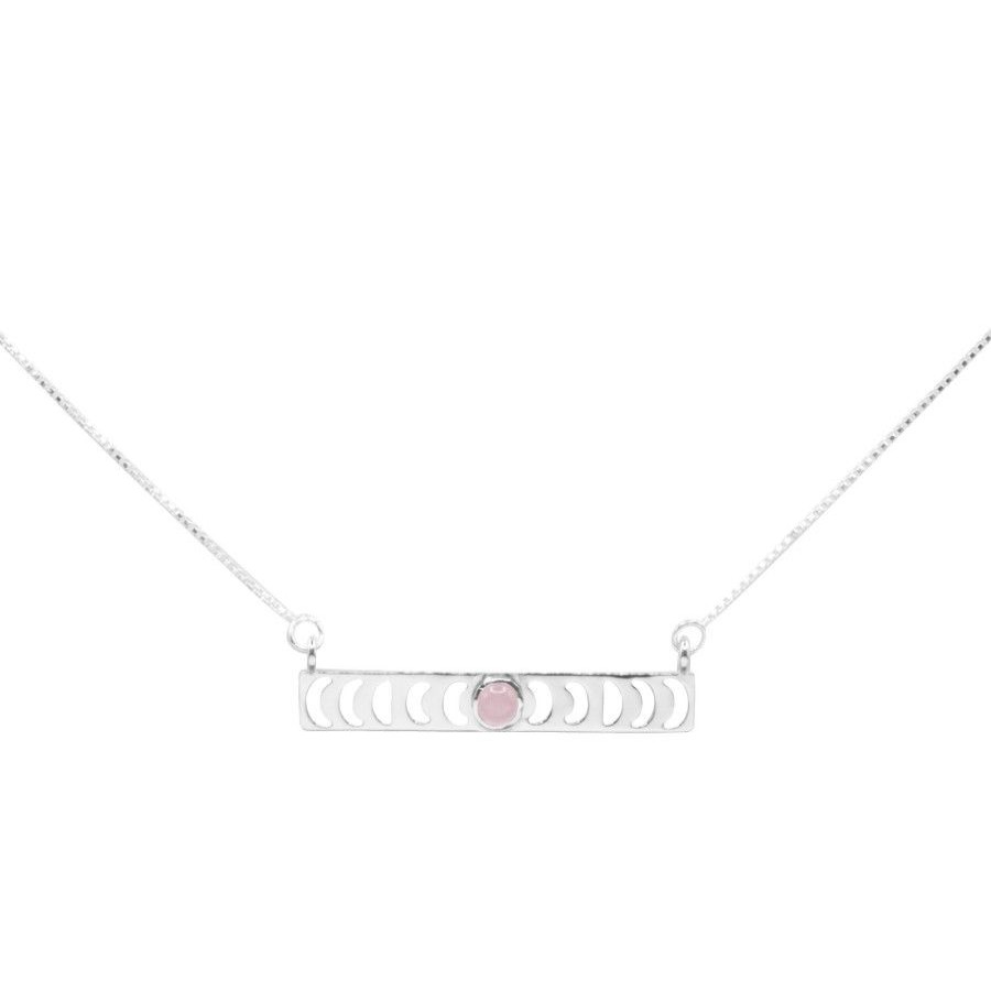 Joyas De Plata Marca DJOYAS Collares De Piedra | Collar De Plata 925 Vara Lunas Con Piedra De Cuarzo Rosa