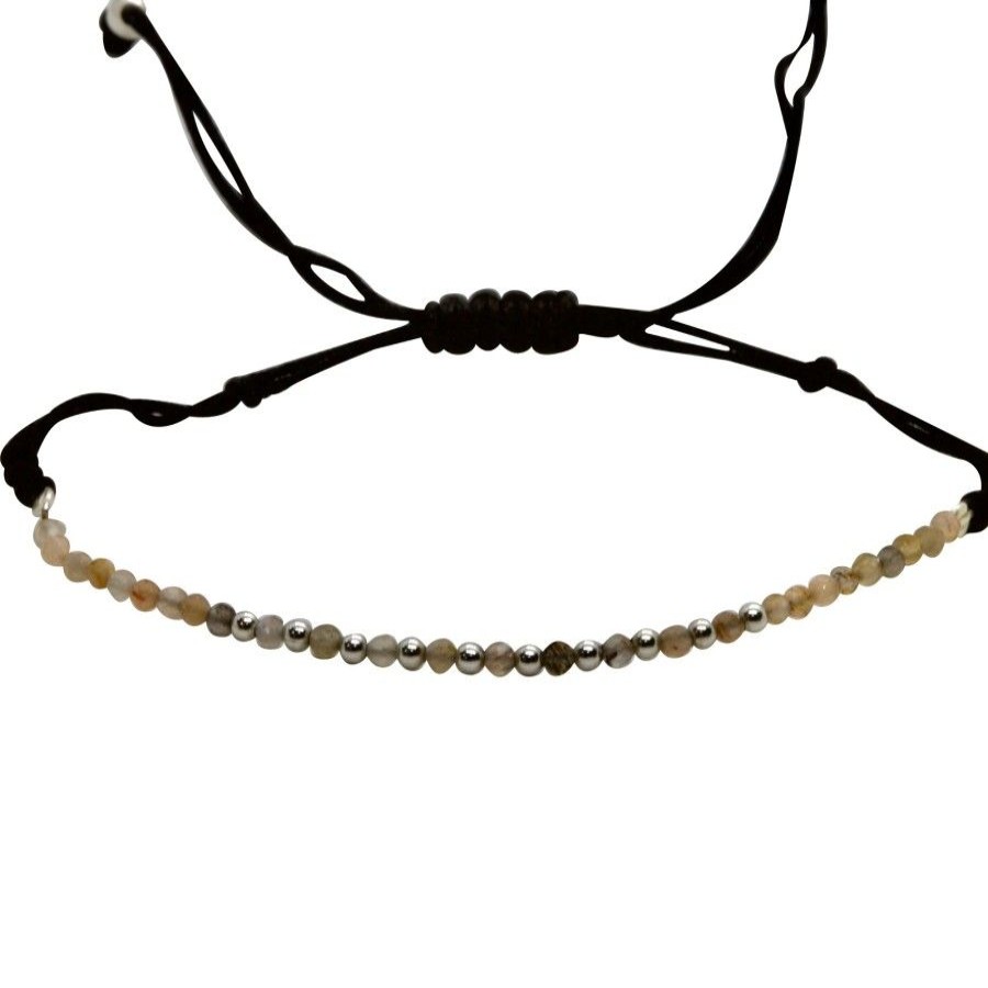 Joyas De Plata BLACK Pulsera Macrame Hilo | Pulsera Hilo Negro Con Agatas Tonos Beige