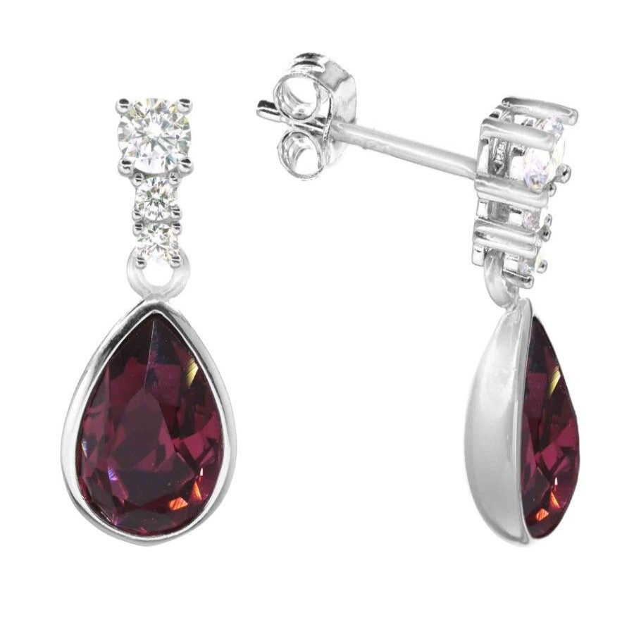 Joyas De Plata Marca DJOYAS | Aros De Plata 925 Gota Cristal Borgona Swarovski Elements