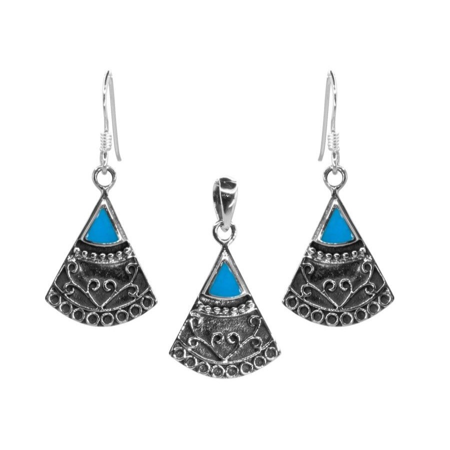 Joyas De Plata BLACK | Conjunto De Plata 925 Diseno Triangulos Con Piedra Turquesa