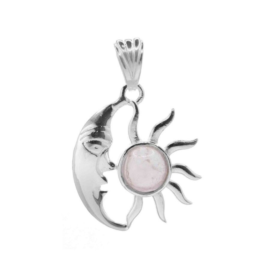 Joyas De Plata Marca DJOYAS Colgante Piedra Natural | Colgante Luna Con Sol Y Piedra Cuarzo Rosa