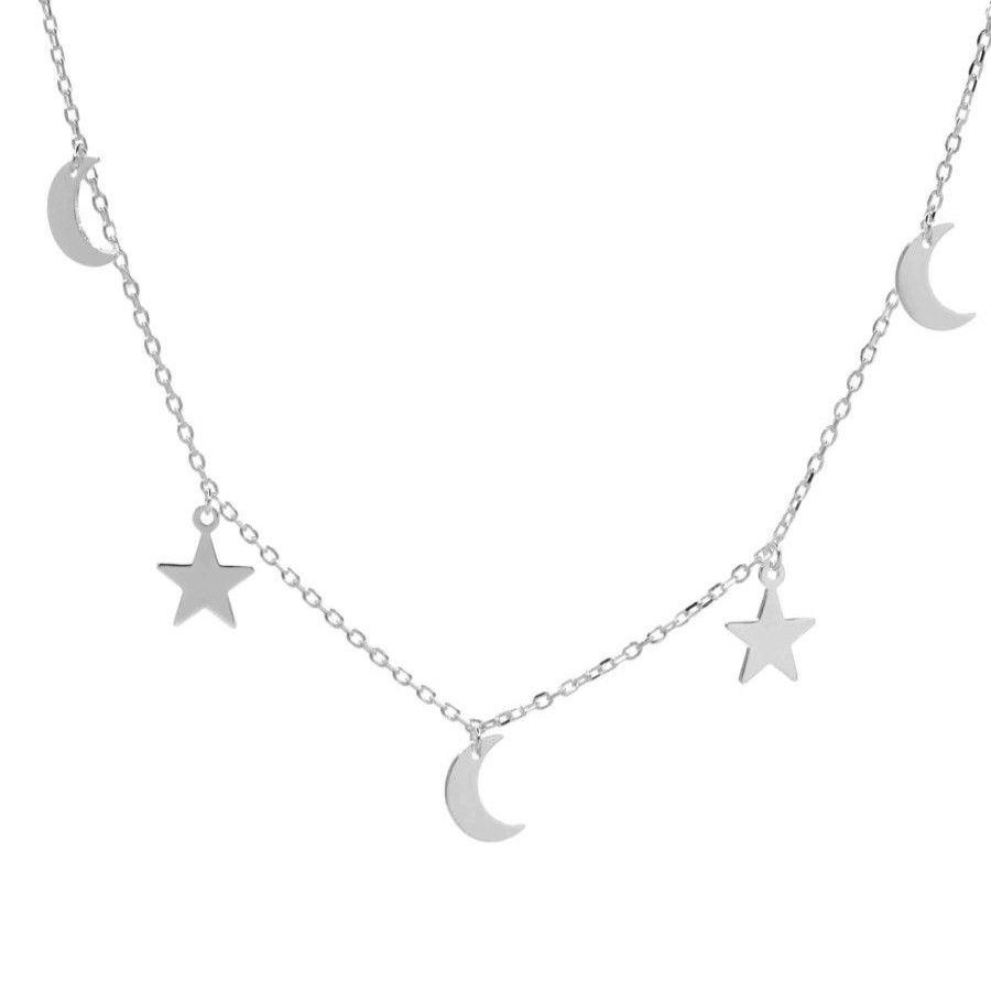 Joyas De Plata Marca DJOYAS Collares De Plata | Collar De Plata 925 Placas Lisas Lunas Y Estrellas