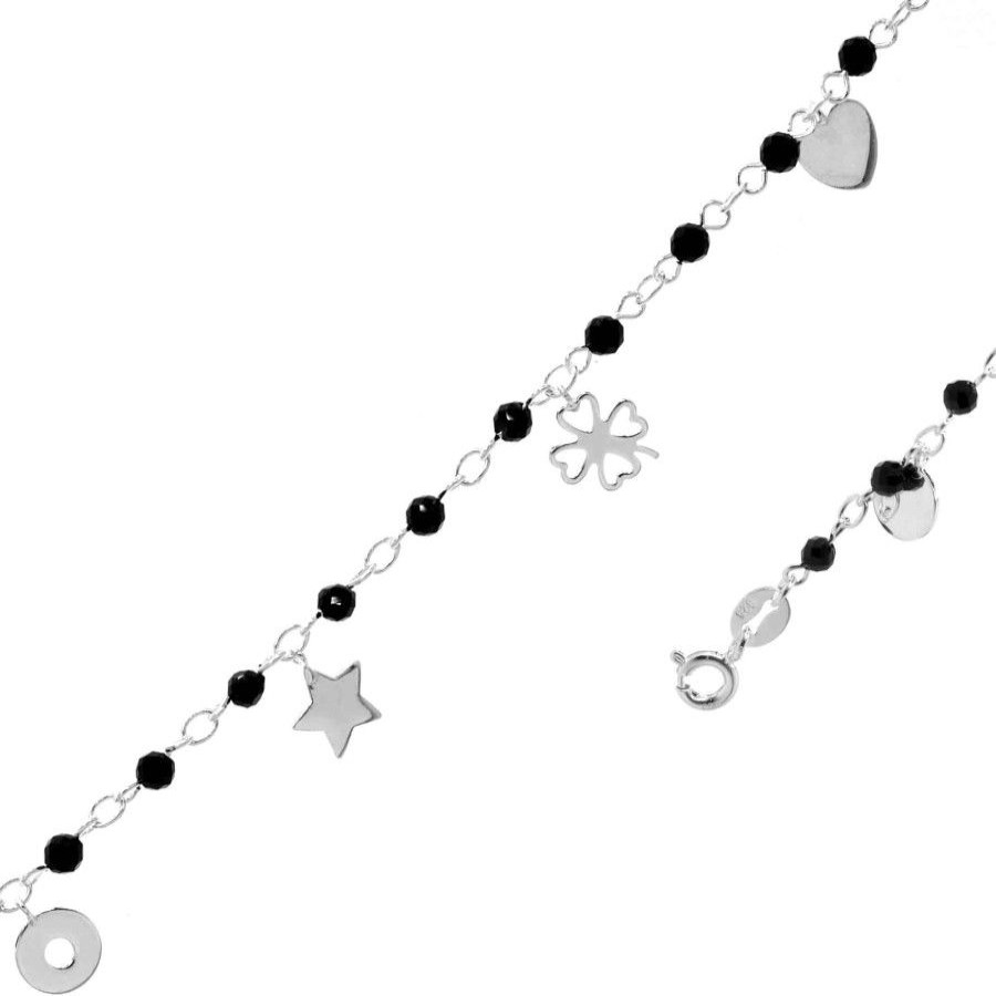 Joyas De Plata Marca DJOYAS Pulsera Con Piedra | Pulsera De Plata 925 Cristales Negros Con Placas Disenos