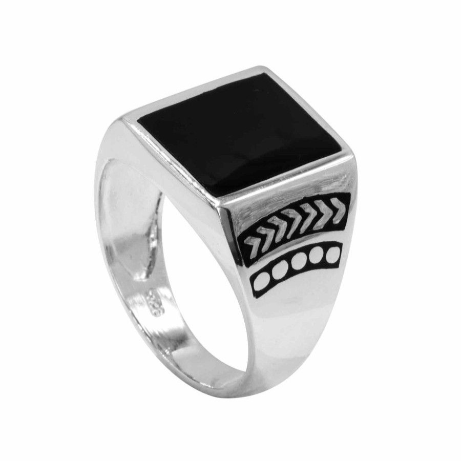 Joyas De Plata Marca DJOYAS Anillos Hombres | Anillo De Plata 925 Plaqueta De Onix Diseno Lateral