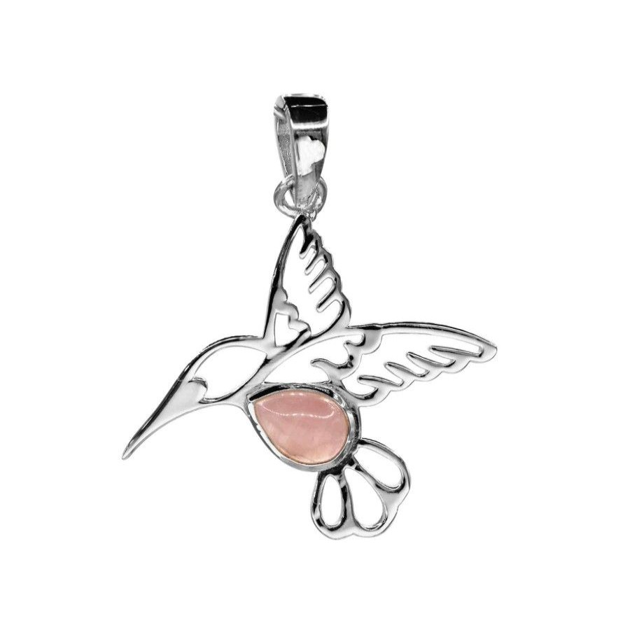 Joyas De Plata Piedras Naturales Colgante Piedra Natural | Colgante De Plata 925 Figura Colibri Con Piedra De Cuarzo Rosa