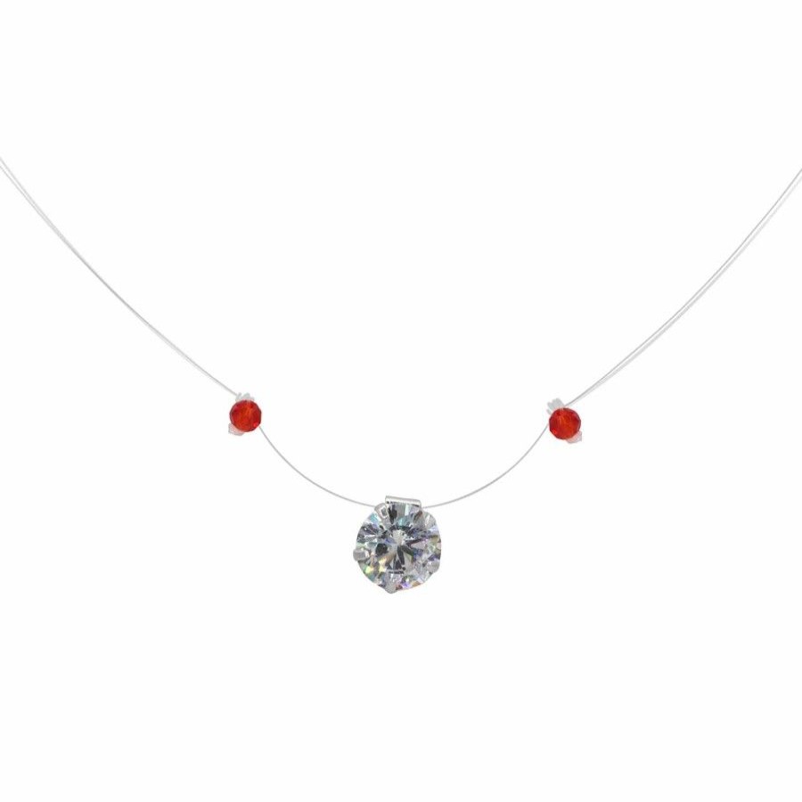 Joyas De Plata Marca DJOYAS Collares Con Circon | Collar De Plata 925 Punto De Luz Invisible Nylon Y Cristales Rojos