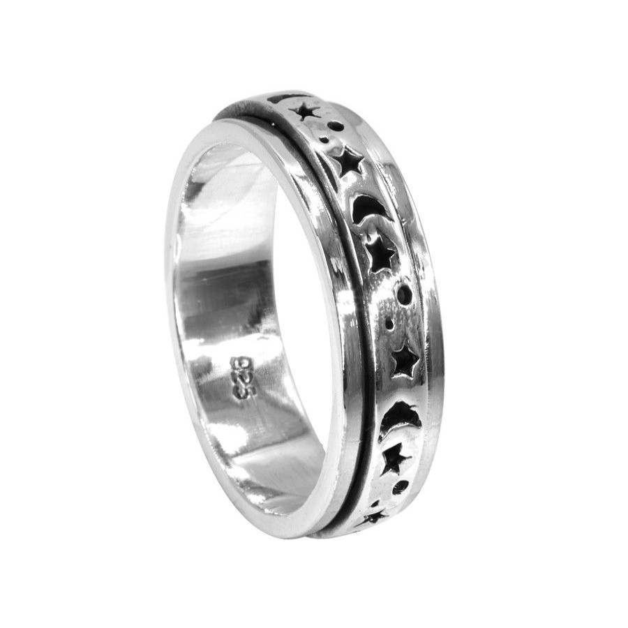 Joyas De Plata BLACK Anillos Hombres | Anillo De Plata 925 Anti Estres Lunas Y Estrellas