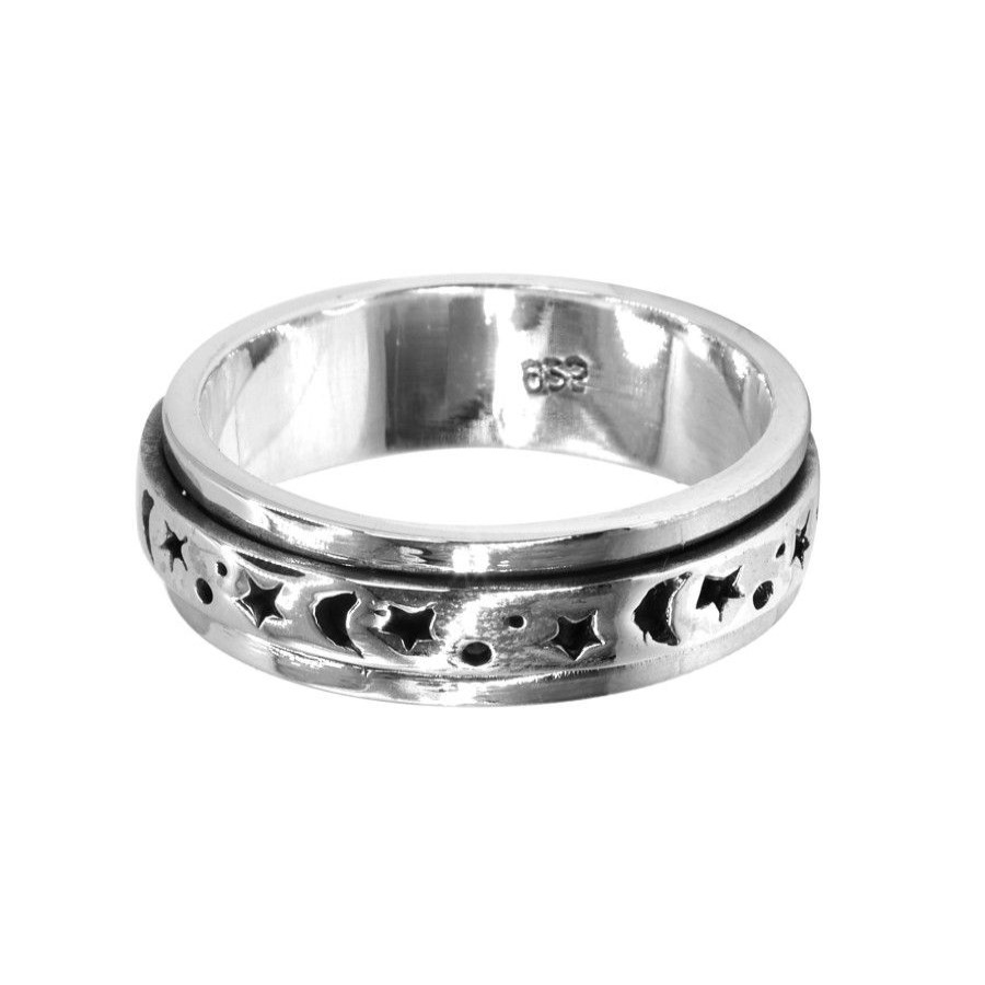 Joyas De Plata BLACK Anillos Hombres | Anillo De Plata 925 Anti Estres Lunas Y Estrellas