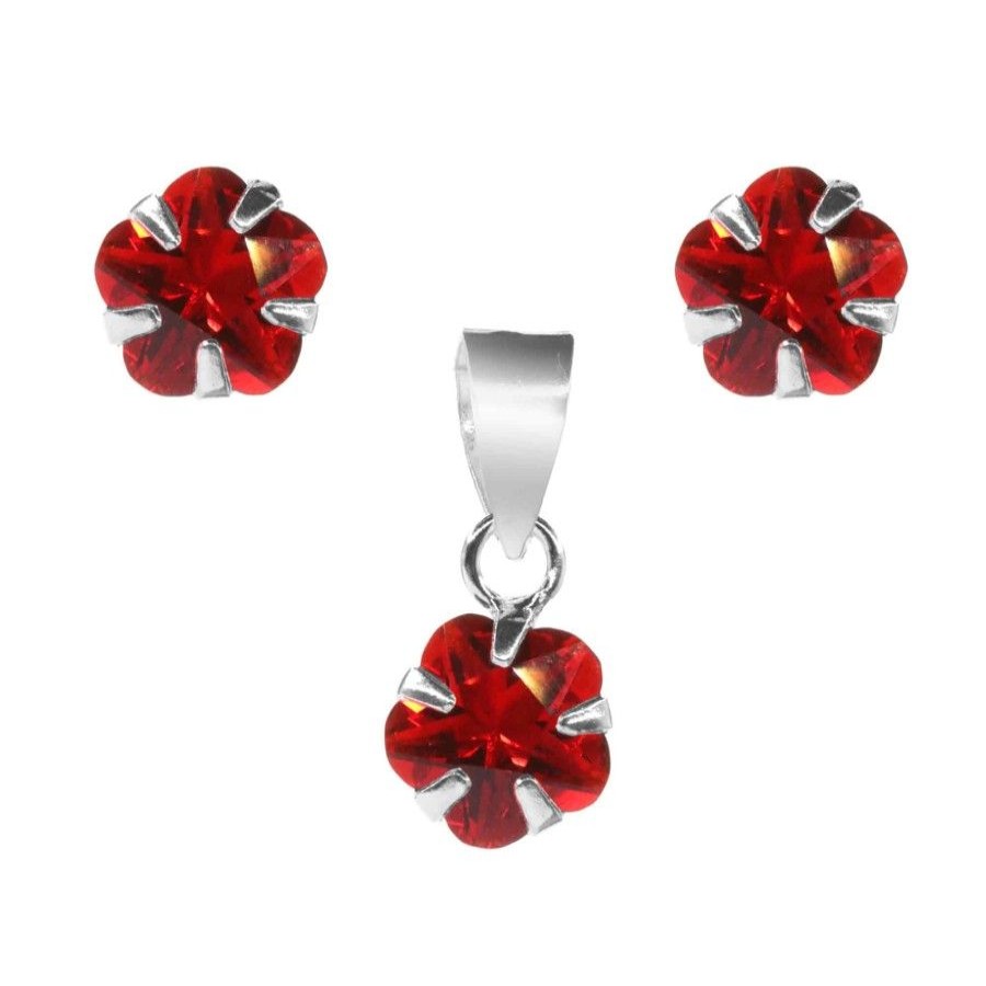 Joyas De Plata Marca DJOYAS | Conjunto De Plata 925 Flores Circon Rojo 6 Mm